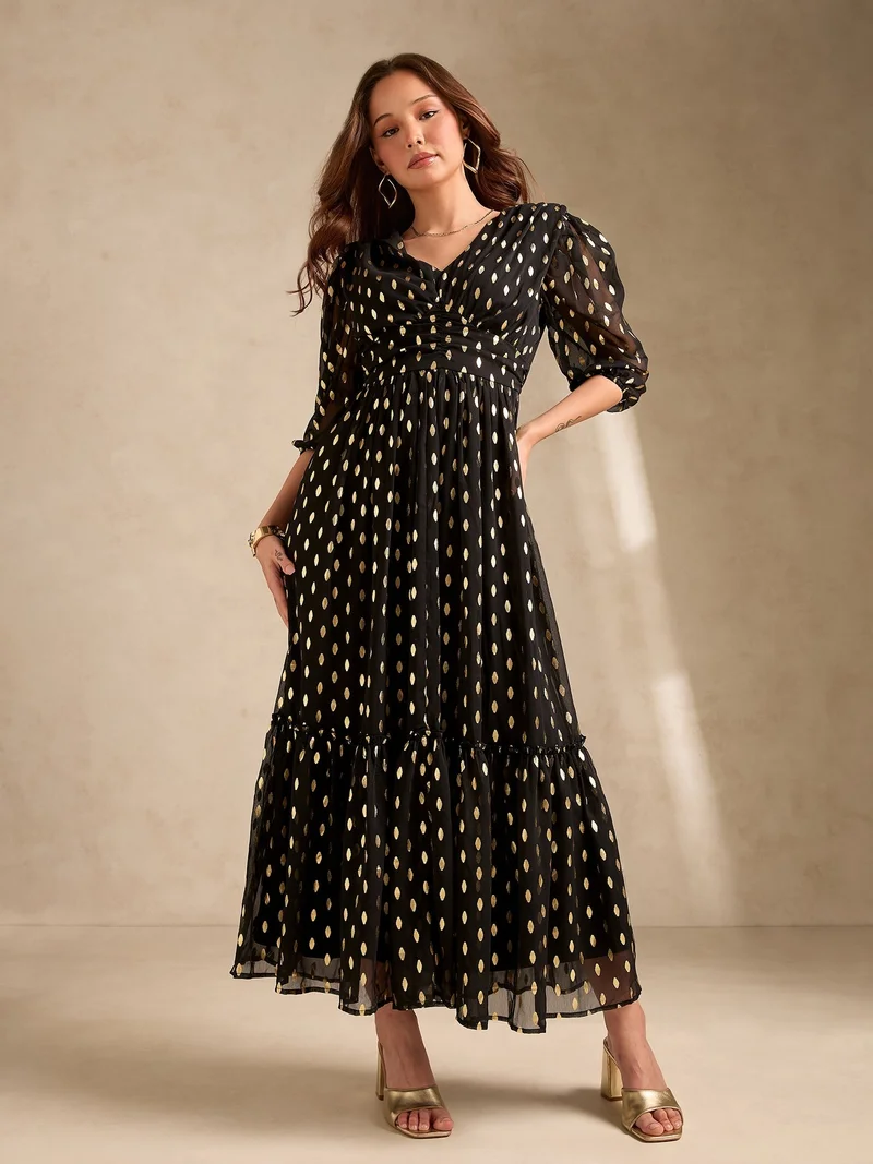 Outzidr  Black Evening Sinched Waist Tiered Dress for Women | Best Price UAE