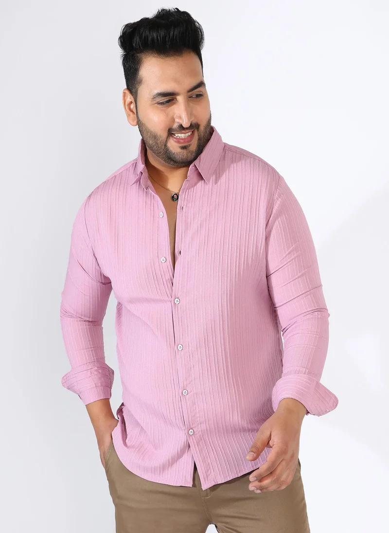Instafab Plus Men's Salmon Pink Self-Design Striped Shirt