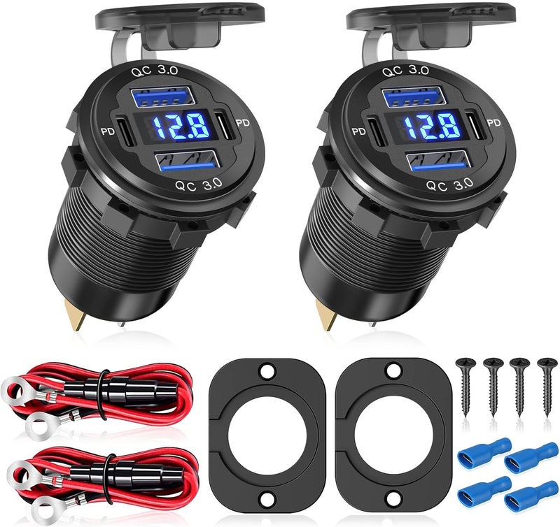 2 قطع 12V24V مخرج مع فولت ميتر مفتاح تشغيل/إيقاف شحن سريع 30 مخرج طاقة مزدوج USB مقاوم للماء شاحن USB سريع مجموعة DIY للسيارة والقارب والبحر 2 عبوة
