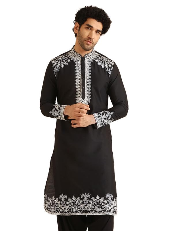 KISAH Kurta for Men – Thread Embroidery Cotton Blend Kurta | Ethnic & Casual Wear for Festivals, Parties & Office Black - Image 1