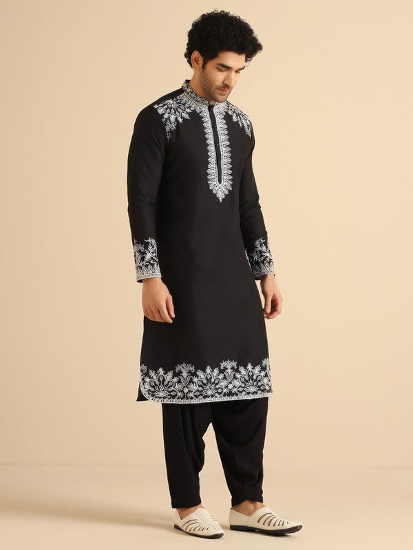 KISAH Kurta for Men – Thread Embroidery Cotton Blend Kurta | Ethnic & Casual Wear for Festivals, Parties & Office Black - Image 3