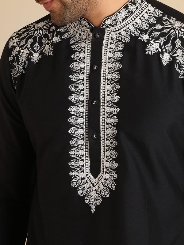 KISAH Kurta for Men – Thread Embroidery Cotton Blend Kurta | Ethnic & Casual Wear for Festivals, Parties & Office Black - Image 5
