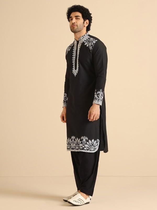 KISAH Kurta for Men – Thread Embroidery Cotton Blend Kurta | Ethnic & Casual Wear for Festivals, Parties & Office Black - Image 2