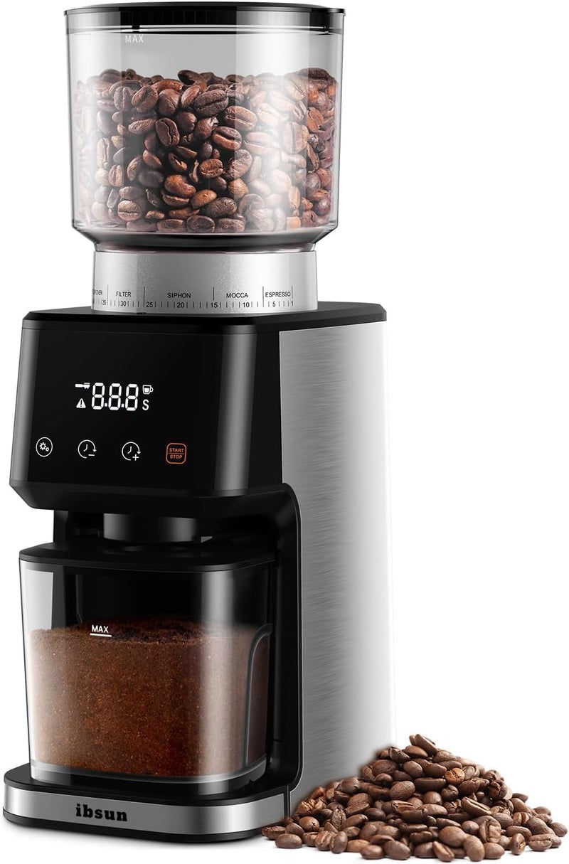 ibsun Conical Burr Coffee Grinder v60 for Espresso with Precision Electronic Timer with 51 Precise Settings, Brushed Stainless Steel (black) - Image 1