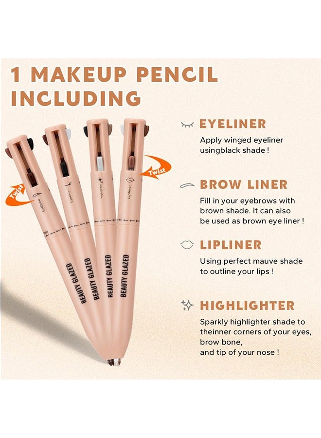 بيوتي جلازد قلم مكياج 4 في 1 ، قلم حواجب ، كحل ، محدد شفاه & هايلايتر - مجموعة مستحضرات تجميل محمولة ، مناسبة للسفر #102  - Image 5