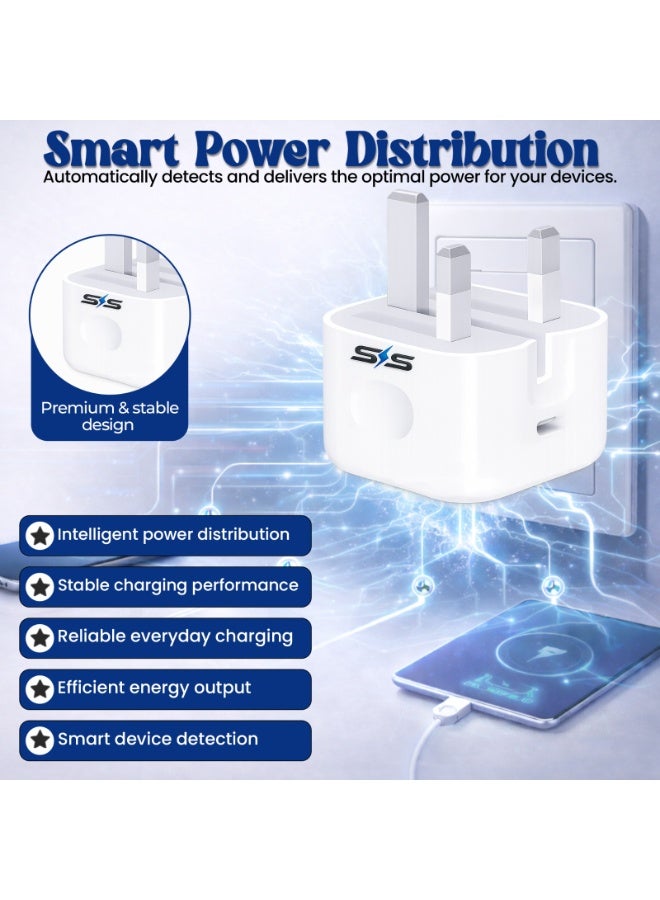 S.STYLEE 40W Fast Charging USB Wall Charger Adapter with Smart Power Distribution, Intelligent Device Detection, Stable Charging Performance, UK 3 Pin Plug Fast Charger for iPhone, Samsung, Android Phones, Tablets & USB Devices – White - Image 2