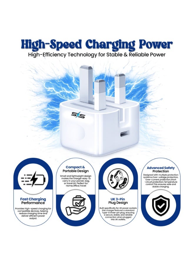 S.STYLEE 40W Fast Charging USB Wall Charger Adapter with Smart Power Distribution, Intelligent Device Detection, Stable Charging Performance, UK 3 Pin Plug Fast Charger for iPhone, Samsung, Android Phones, Tablets & USB Devices – White - Image 5