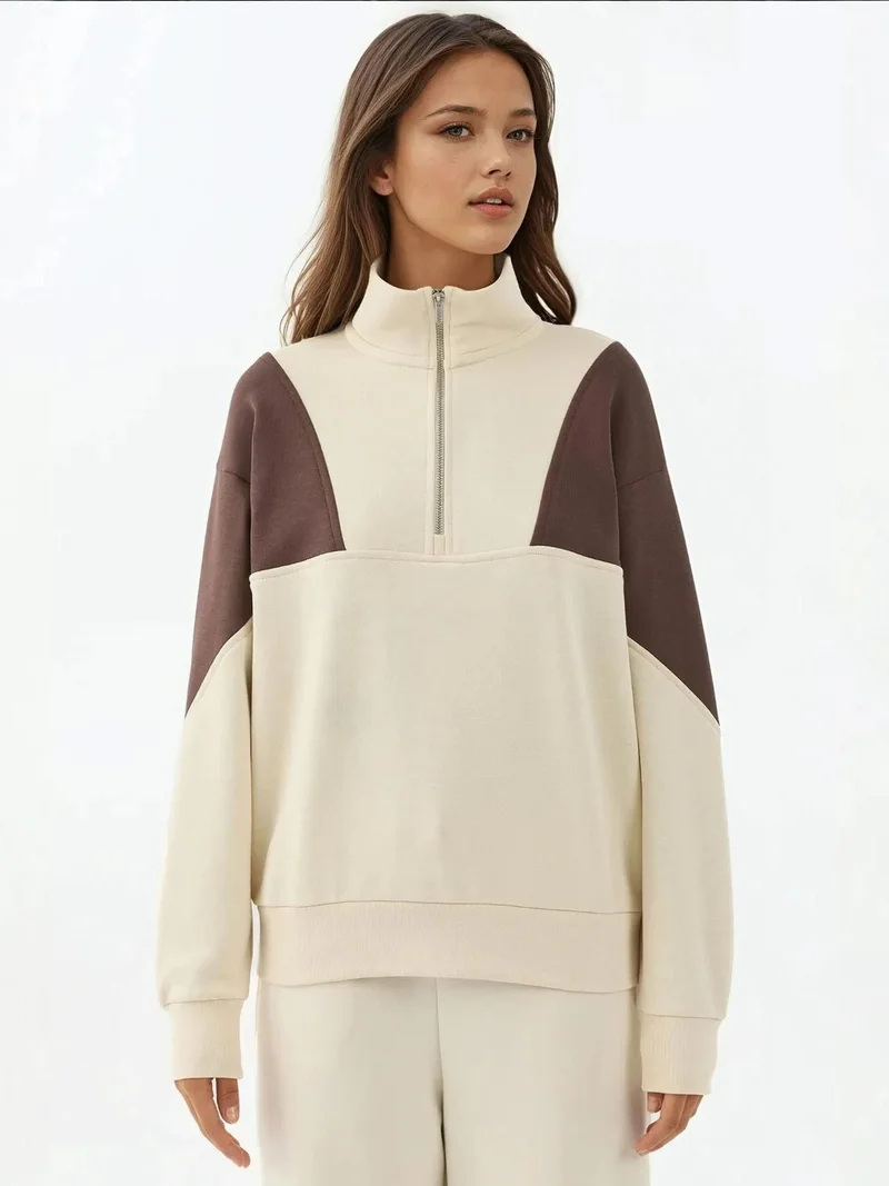 HICCUP Cream Natural Raised Zipper Collar Comfortable  Sweatshirt for Women | Best Price UAE
