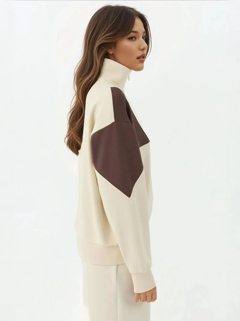 HICCUP Cream Natural Raised Zipper Collar Comfortable  Sweatshirt for Women | Best Price UAE