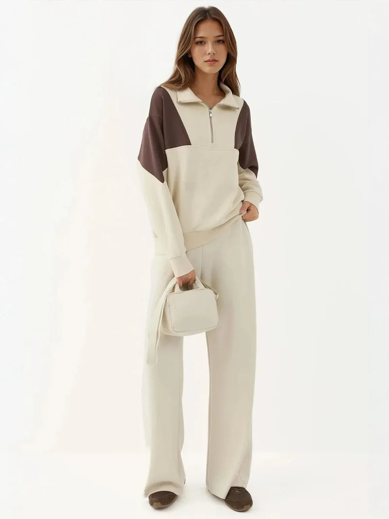 HICCUP Cream Natural Raised Zipper Collar Comfortable  Sweatshirt for Women | Best Price UAE