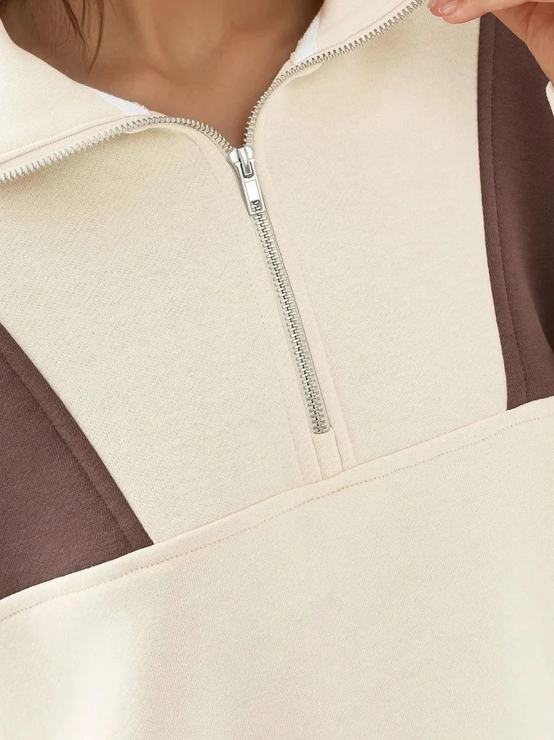 HICCUP Cream Natural Raised Zipper Collar Comfortable  Sweatshirt for Women | Best Price UAE