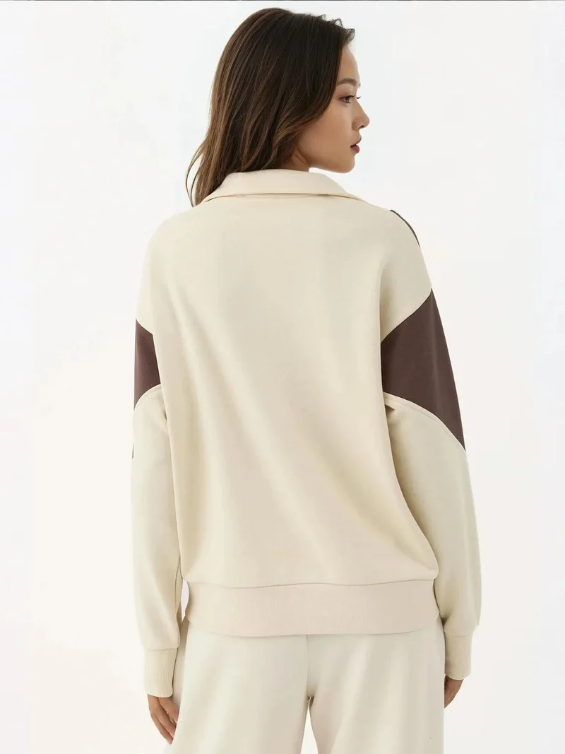 HICCUP Cream Natural Raised Zipper Collar Comfortable  Sweatshirt for Women | Best Price UAE