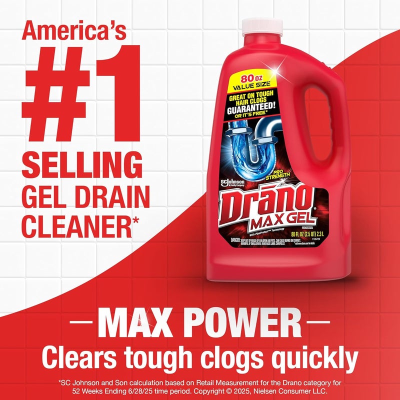 Drano Max Gel Drain Clog Remover and Cleaner for Shower or Sink Drains, Unclogs and Removes Hair, Soap Scum, Blockages, 32 oz - Image 1