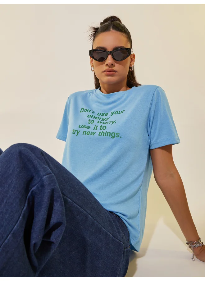 تايك تو Take Two Slogan Print Round Neck T-Shirt