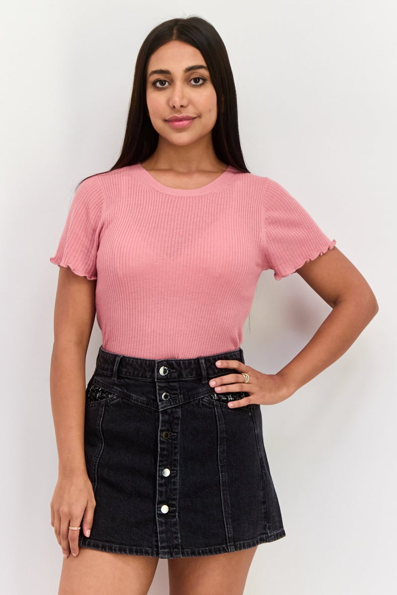 Splendid Women Crew Neck Short Sleeves Ribbed Top, Dusky Pink - Image 1