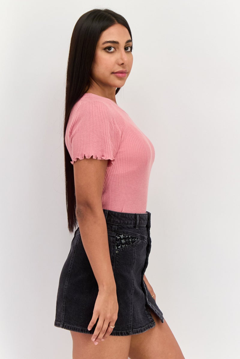 Splendid Women Crew Neck Short Sleeves Ribbed Top, Dusky Pink - Image 2