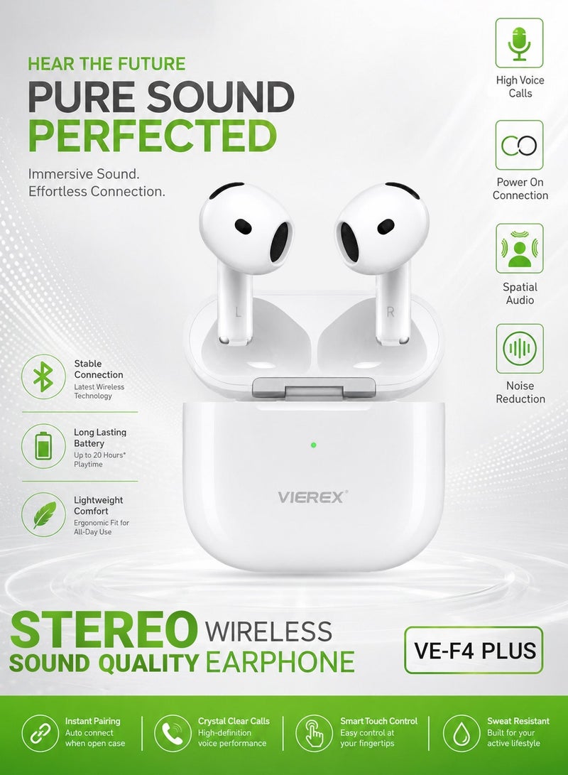 Vierex سماعات أذن لاسلكية VE-F4 Plus TWS | تقليل الضوضاء وصوت مكاني - Image 4
