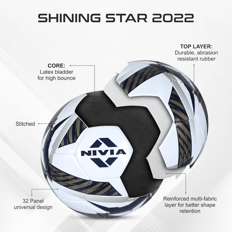 Nivia Shining Star 2022 Football (Size 5) Black White 32 Panel Rubberized Stitched Training and Match Soccer Ball - Image 2