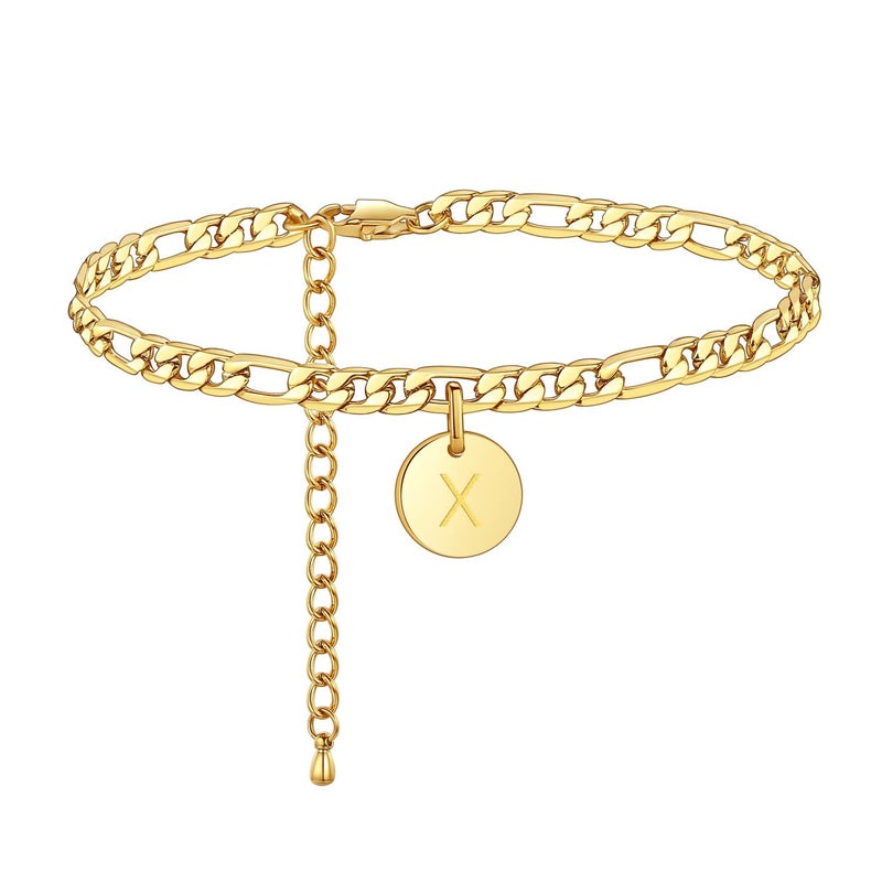 FOSIR Initial Gold Anklets for Women, 18k Gold Plated Stainless Steel Ankle Bracelets for Women Figaro Chain Anklet, Letter X