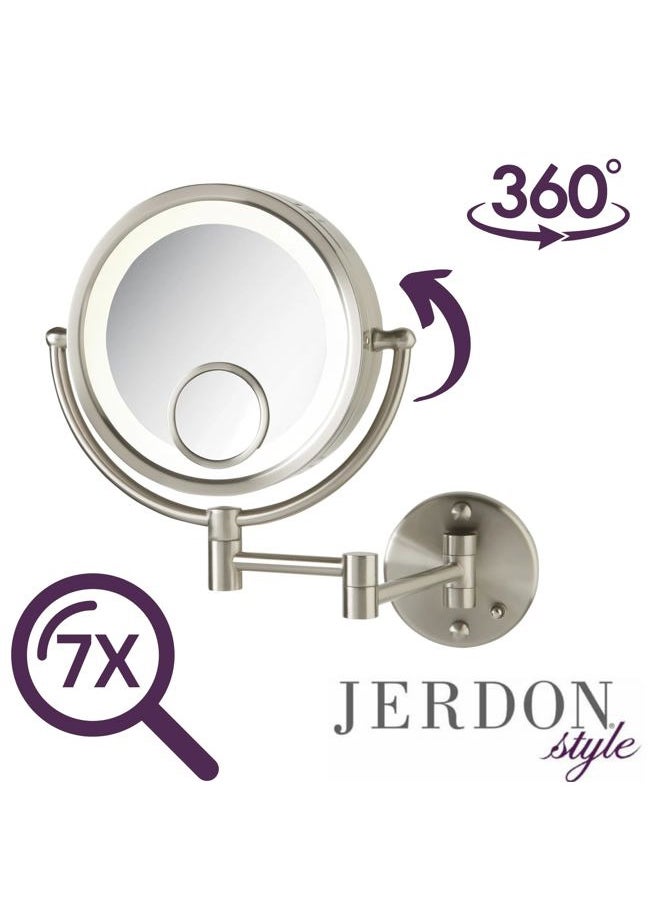 Jerdon Jerdon HL8515N Lighted Wall Mount Makeup Mirror with 7x and 15x Magnification, Nickel Finish, 8.5"  - Image 5