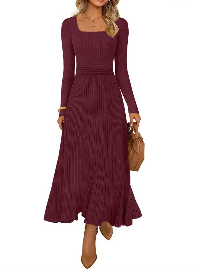 MEROKEETY Women's Sweater Dress 2025 Fall Winter Long Sleeve Square Neck Pleated Church Wedding Guest Knit Midi Dresses, Burgundy, S - Image 1