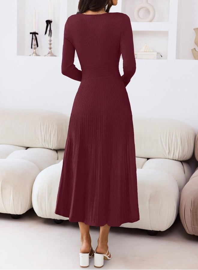 MEROKEETY Women's Sweater Dress 2025 Fall Winter Long Sleeve Square Neck Pleated Church Wedding Guest Knit Midi Dresses, Burgundy, S - Image 4