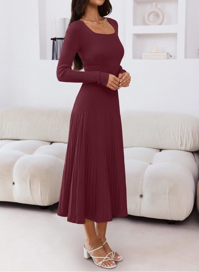 MEROKEETY Women's Sweater Dress 2025 Fall Winter Long Sleeve Square Neck Pleated Church Wedding Guest Knit Midi Dresses, Burgundy, S - Image 2