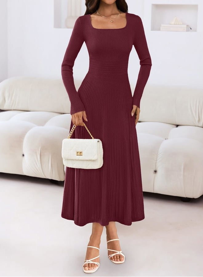 MEROKEETY Women's Sweater Dress 2025 Fall Winter Long Sleeve Square Neck Pleated Church Wedding Guest Knit Midi Dresses, Burgundy, S - Image 3