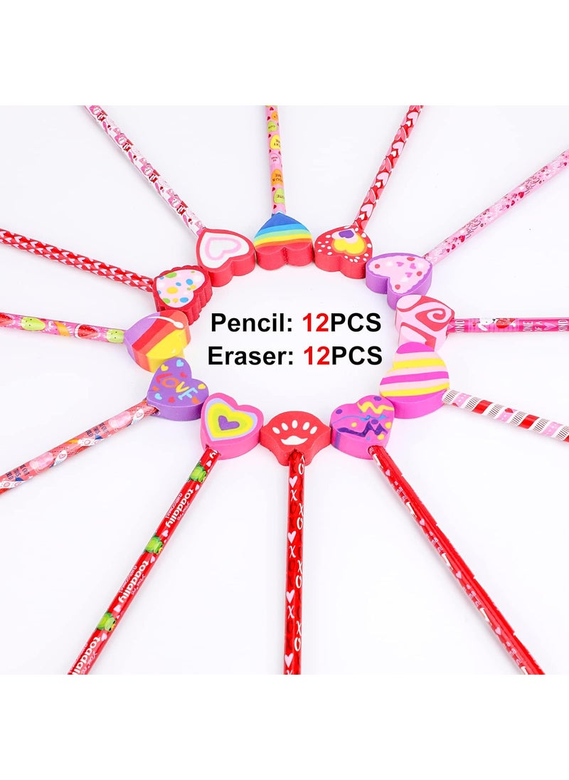 Konsait Konsait 1 Dozen 12 Valentine Pencils Assortment with Giant Eraser Topper Decorated with Love HeartsLips for Valentines Day School Party Favor Supplies Accessories Goodie Bag Filler Teacher Gift  - Image 3