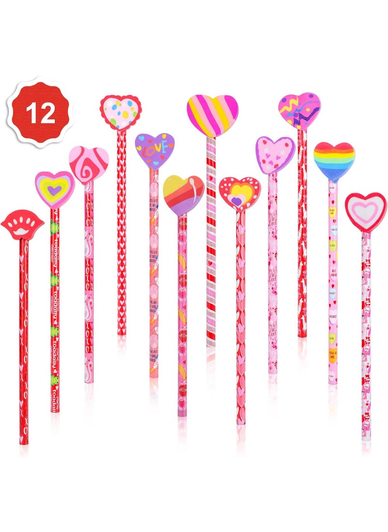 Konsait Konsait 1 Dozen 12 Valentine Pencils Assortment with Giant Eraser Topper Decorated with Love HeartsLips for Valentines Day School Party Favor Supplies Accessories Goodie Bag Filler Teacher Gift  - Image 1