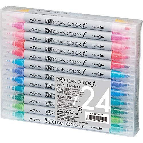 Kuretake ZIG CLEAN COLOR f, 0.5 mm & 1.2 mm, AP-Certified, Odourless, Xylene Free, Suitable for dark paper, Perfect for illustrating, sketching, designing and cartooning. Made in Japan (24 colors set) - Image 1