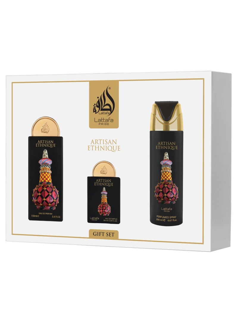 Lattafa PRIDE GIFTSET Artisan Ethnique | Set 3-Piece (Edp 100ml + Edp 20ml + Deodorant 200ml)