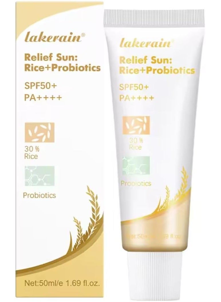 lakerain 50ml Relief Sun Rice Sunscreen SPF50+ Oil Free and Refreshing Probiotics Sunscreen UV Defense Sunscreen 30% Rice Sunscreen Relief Sun Organic Sunscreen  - Image 1
