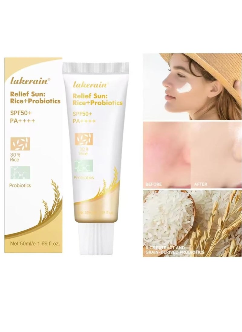 lakerain 50ml Relief Sun Rice Sunscreen SPF50+ Oil Free and Refreshing Probiotics Sunscreen UV Defense Sunscreen 30% Rice Sunscreen Relief Sun Organic Sunscreen  - Image 2