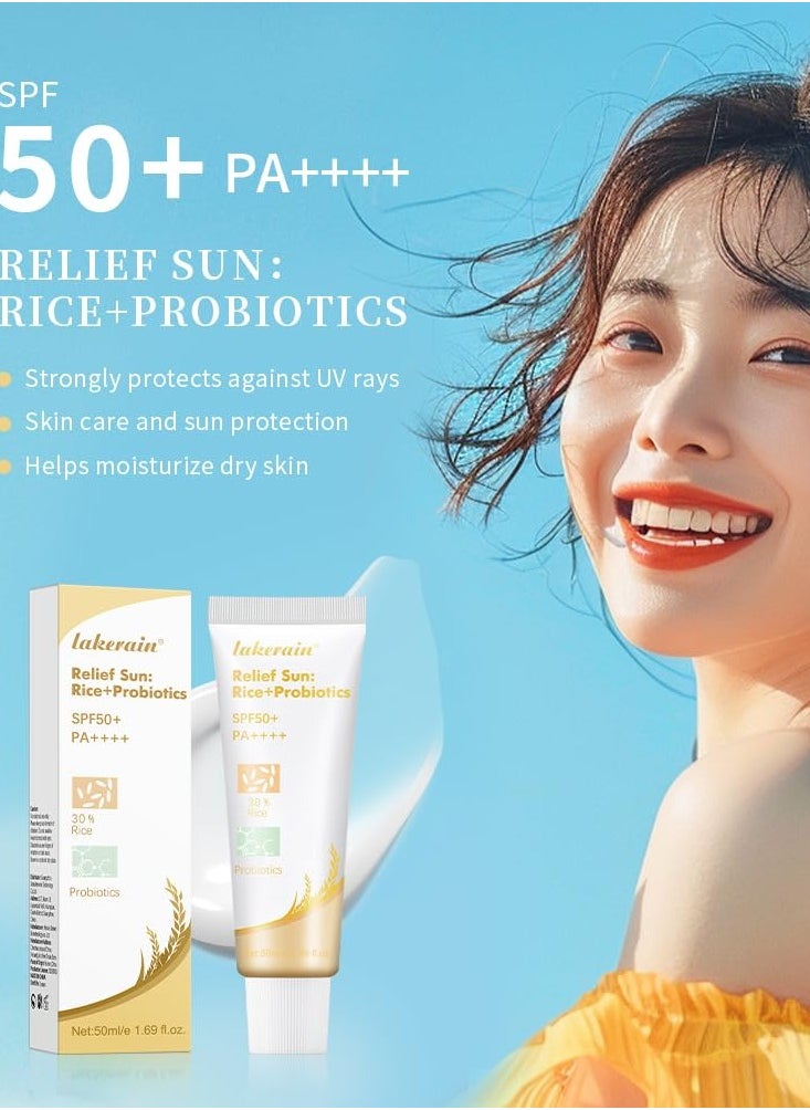 lakerain 50ml Relief Sun Rice Sunscreen SPF50+ Oil Free and Refreshing Probiotics Sunscreen UV Defense Sunscreen 30% Rice Sunscreen Relief Sun Organic Sunscreen  - Image 4