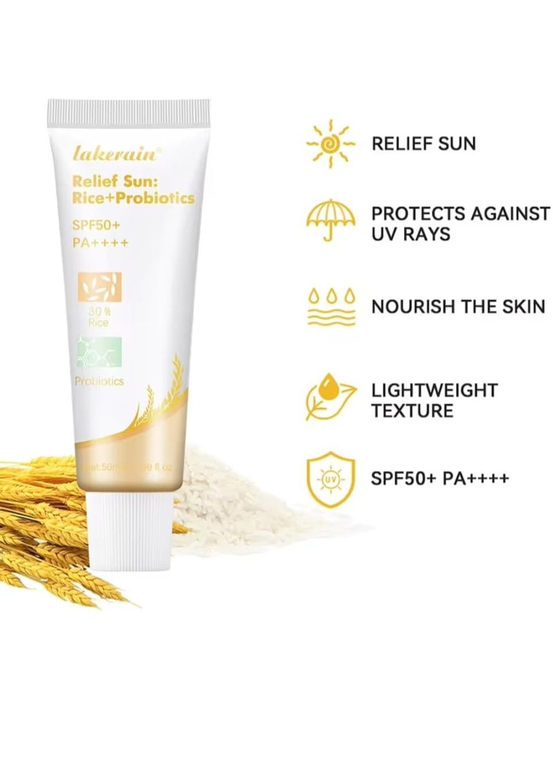 lakerain 50ml Relief Sun Rice Sunscreen SPF50+ Oil Free and Refreshing Probiotics Sunscreen UV Defense Sunscreen 30% Rice Sunscreen Relief Sun Organic Sunscreen  - Image 5