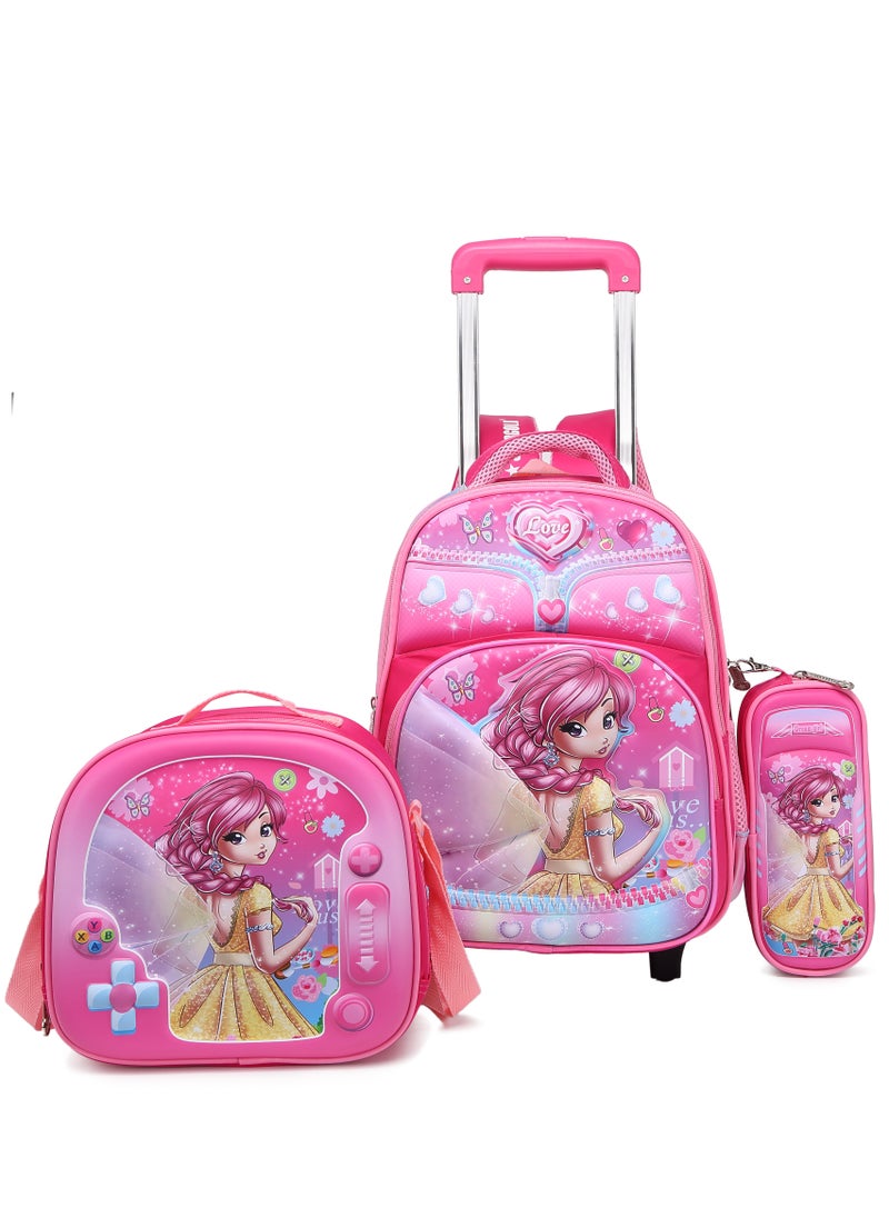 Stargold - Baby Backpack 3Pcs For Baby Girls 1 lunch 1 Pencil Box And 1 Bag With Adjustable Strap For School 2 Wheels 14 Inch - Image 1