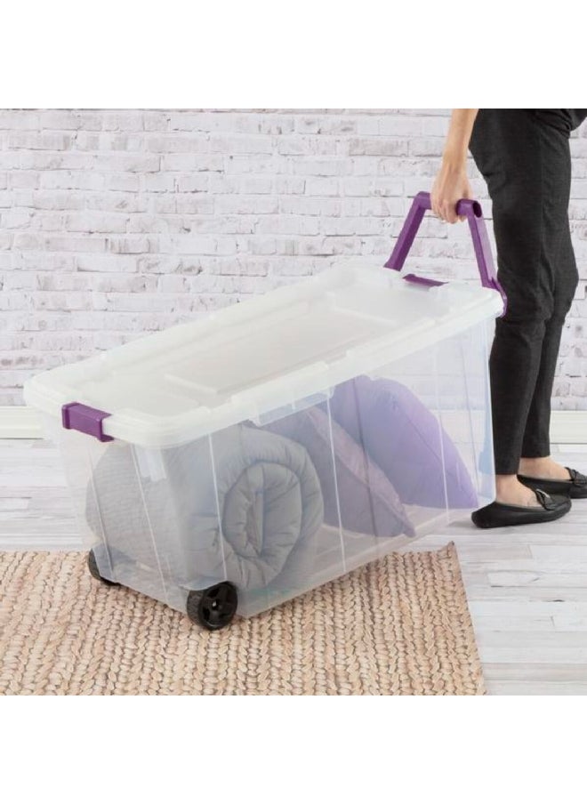 Sterilite - Stackable Space Saving Wheeled Storage Box with Handle Clear and Purple 151 L 14681702 - Image 1