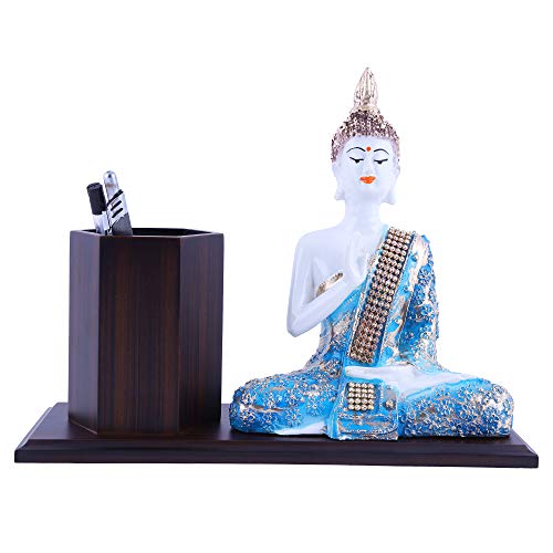 MARINER'S CREATION Wooden Pen Stand Holder with Buddha Statue for Home and Office Decor - Image 1