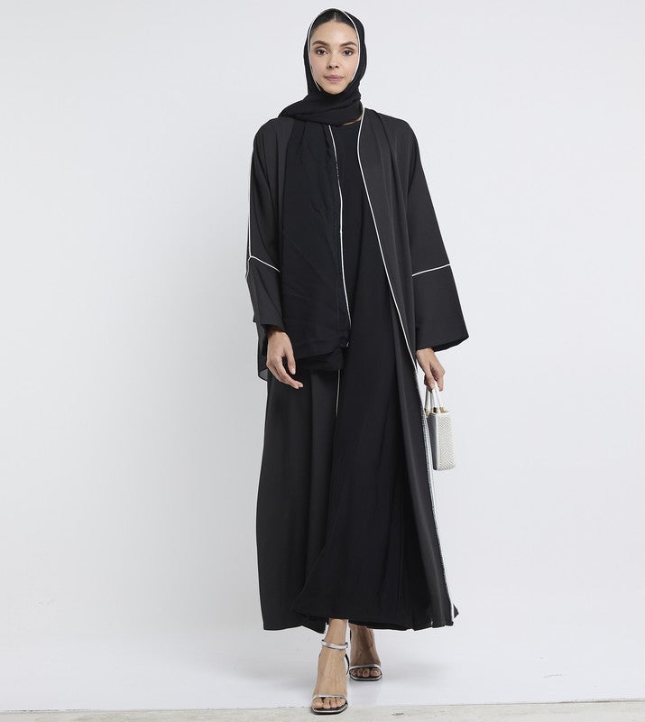 ROZA Casual Black abaya with contast piping - Image 1