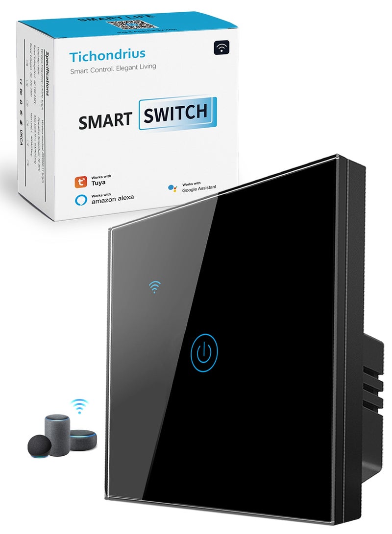 Tichondrius WiFi Smart Switch, Smart Touch Light Switch work with Tuya Smart APP,  WiFi & Voice Control,   Alexa/Google Home Compatible, Easy Installation (black 1 Gang) - Image 1