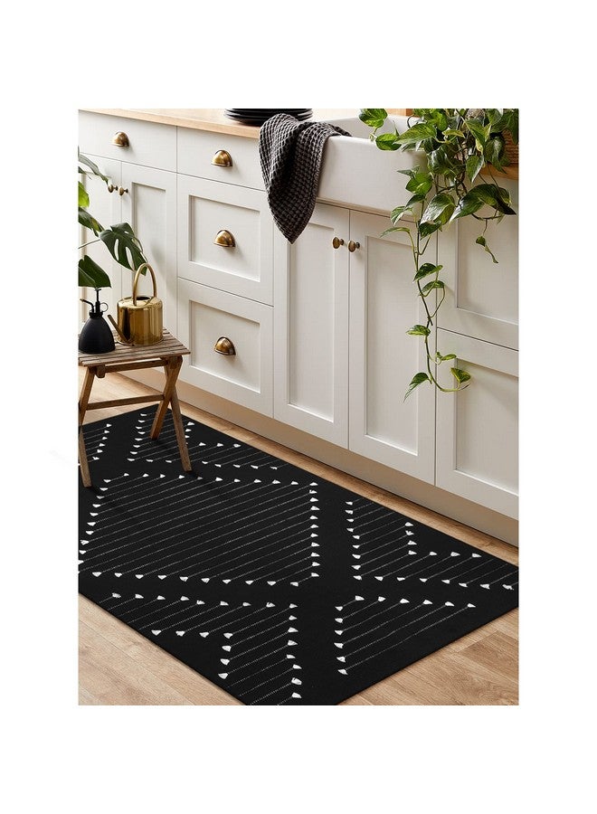 LIVEBOX سجادة خارجية LIVEBOX سوداء 2.3' × 3.6'، سجادة قطنية قابلة للغسل بتصميم بوهيمي، سجادة مدخل مغربية مصنوعة يدويًا، سجادة منطقة لمدخل الشرفة والمطبخ، ديكور باب المدخل - Image 2
