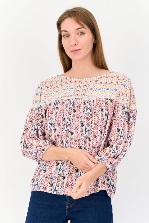 Women Crew Neck Long Sleeves Graphic Print Top, Multicolor