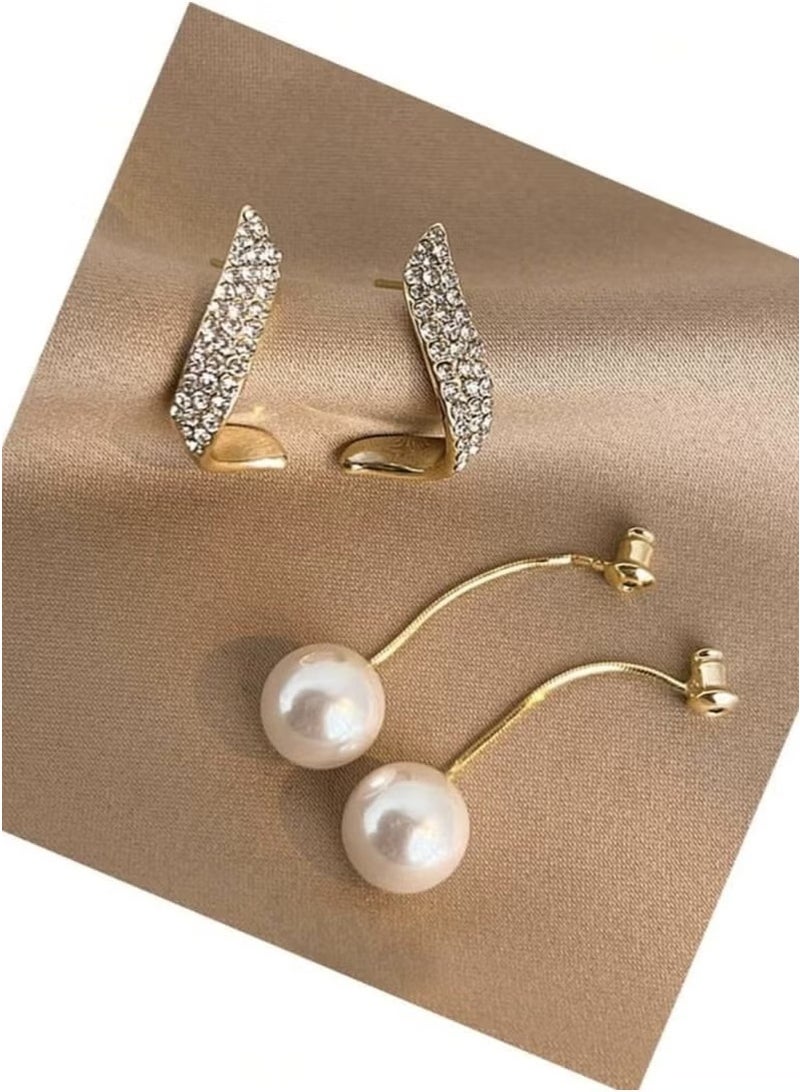 Dougez 2 Pcs Elegant Long Pearl Rhinestone Earrings European and American Fashion Elegant Accessories Suitable for Women's Daily Wear - Image 2