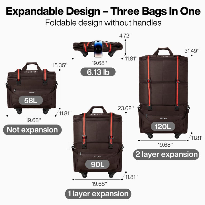 mixi Travel Bag with Wheels Expandable Foldable Luggage Bag Collapsible Rolling Travel Duffel Bags Large Capacity Suitcase for Men Women, Brown - Image 2