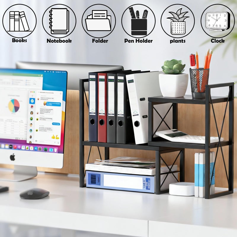 Yelinkws Desktop Shelf Organizer,Small Bookshelf for Office,Wood Desk Top Shelves, Office Organization and Storage (Black) - Image 2