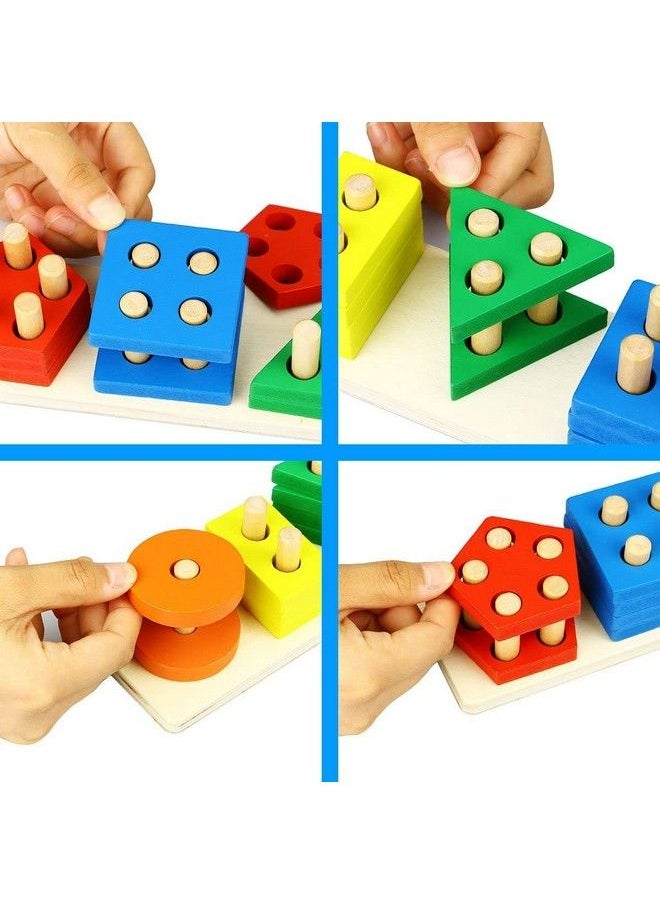 vGRASSP - 5 Angle Geometric Shapes Educational Wooden Puzzle Sorting & Stacking Blocks Set For Kids Kids Learn Counting Numbers Sorting Stacking Colors - Image 1