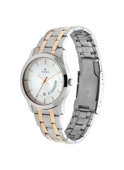 ساعة تيتان كوارتز بعقارب مع تاريخ للرجال بقرص فضي وسوار ستانلس ستيل