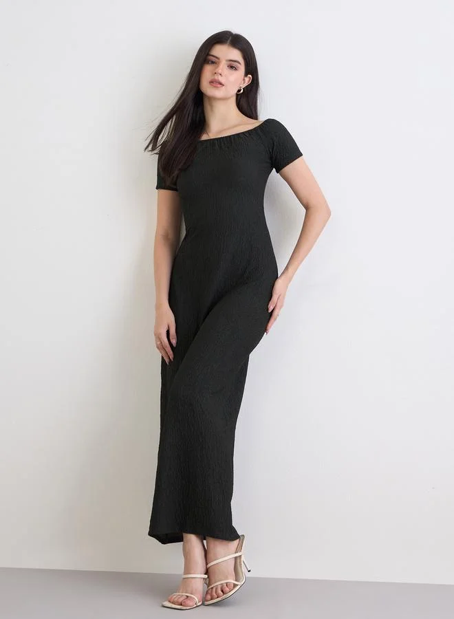 ستايلي فستان طويل محبوك برقبة باردو وشق جانبي