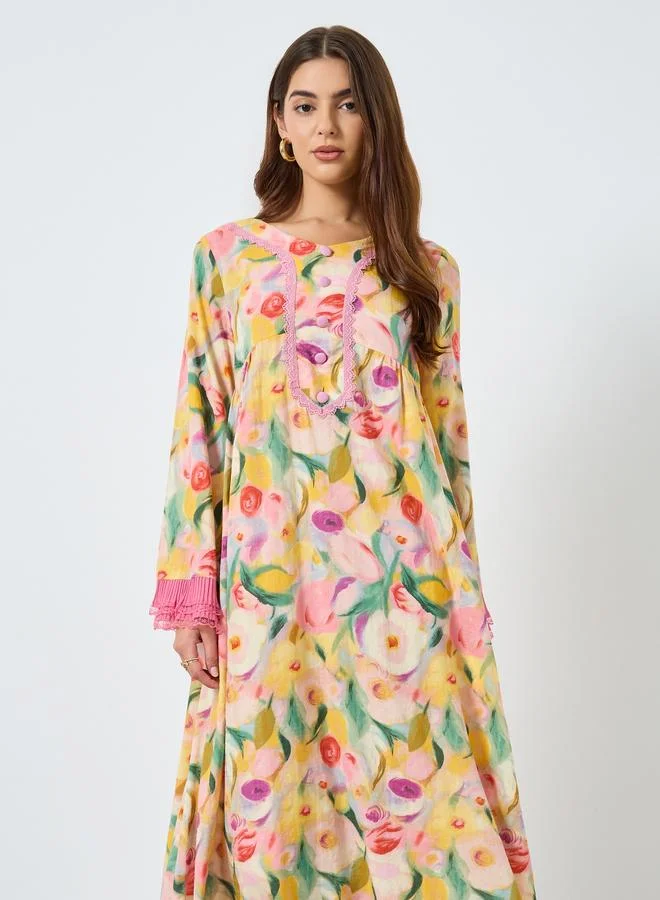 Take Two Floral Printed Patchwork Lace Detail Maxi Dress